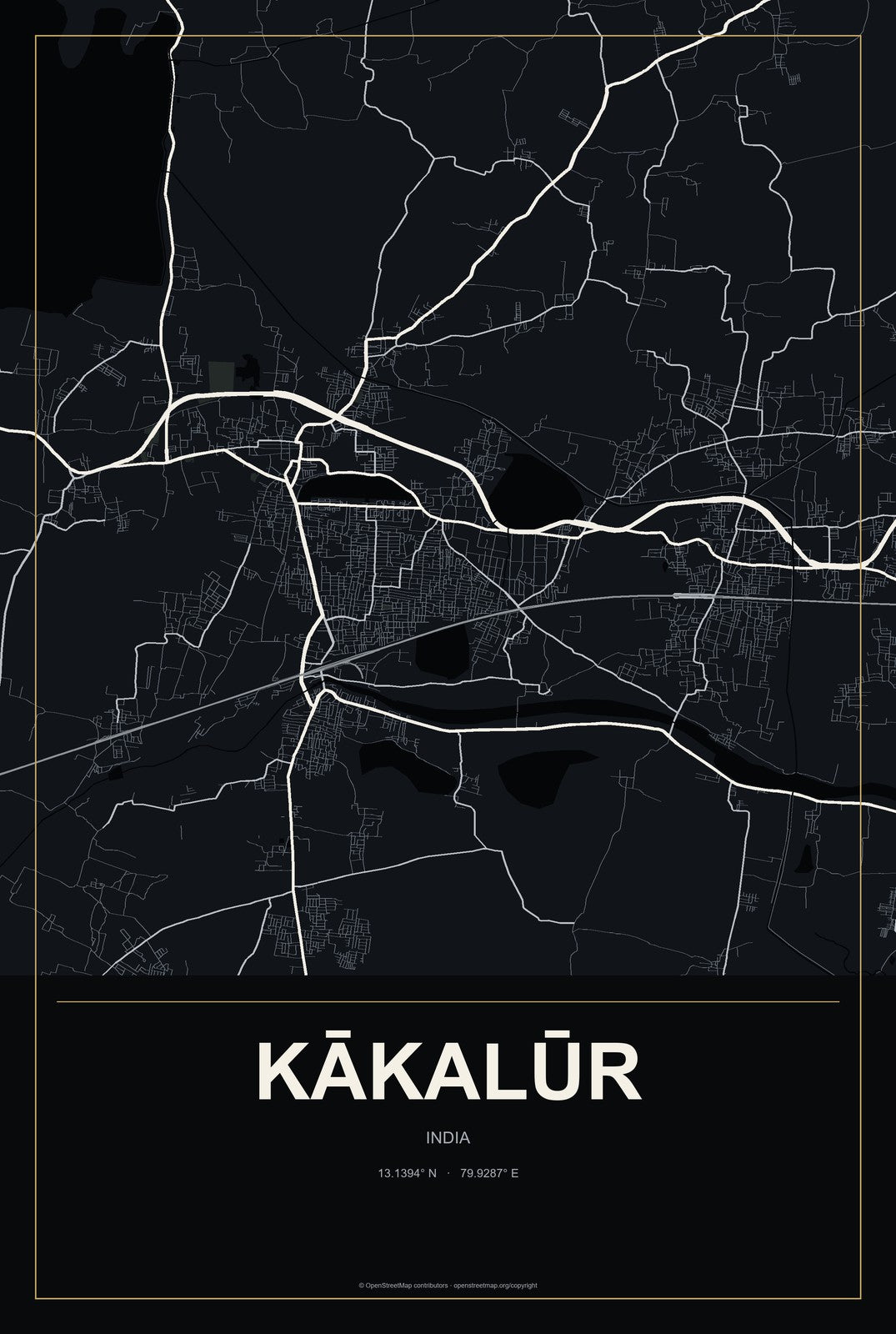 Kākalūr, India City Map Aluminum Sign in Metropolitan Noir style