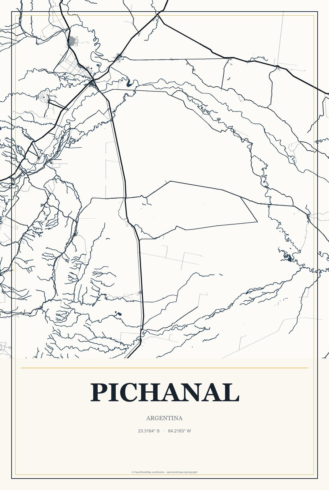 Pichanal, Argentina City Map Aluminum Sign in Citrine Modern style