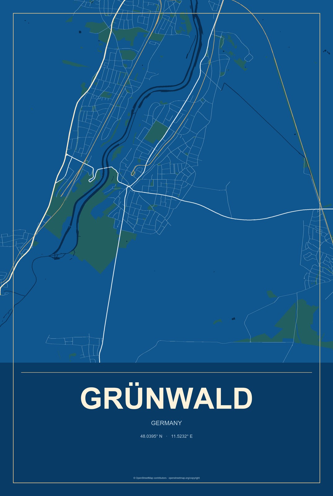 Grünwald, Germany City Map Aluminum Sign in Harbor Cobalt style