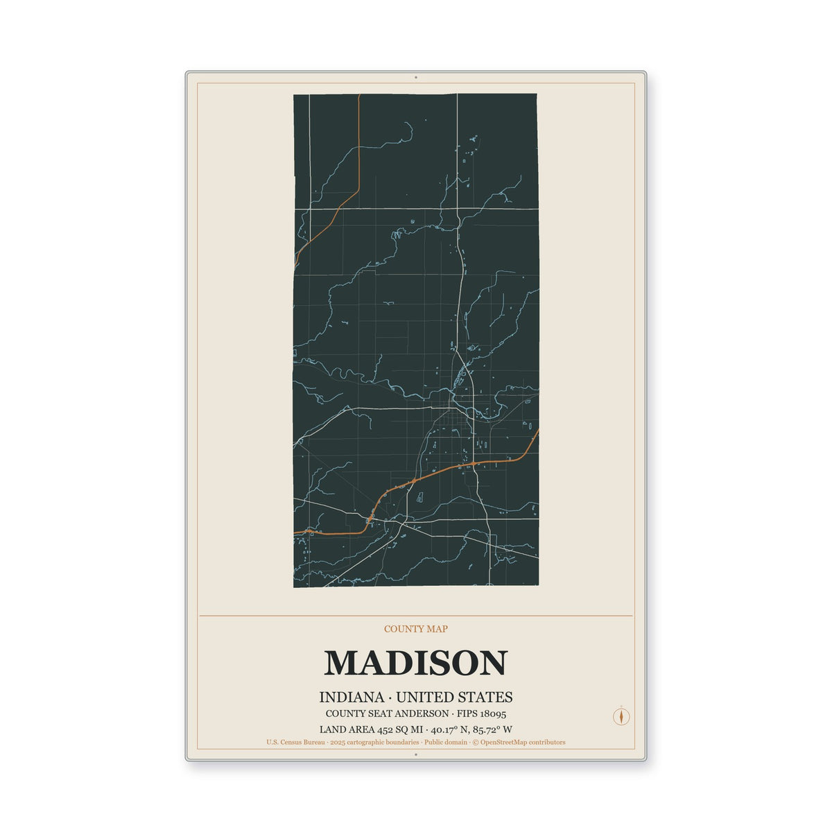 Madison County, Indiana Map Aluminum Sign in Headline Atlas style