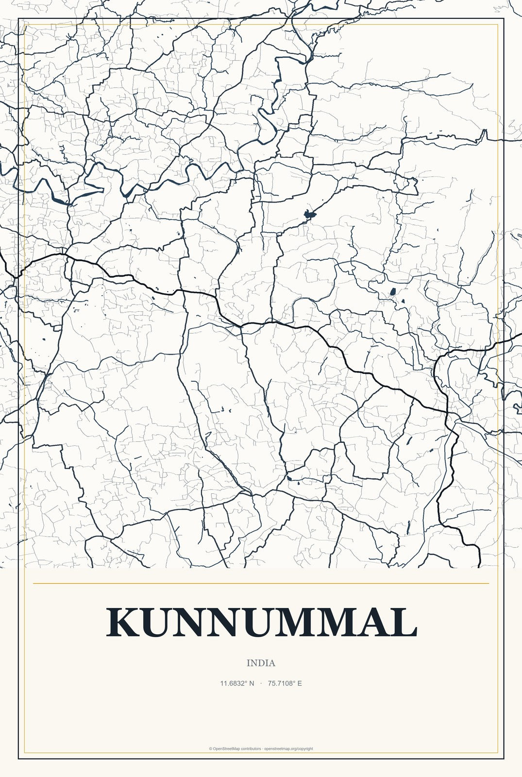 Kunnummal, India City Map Aluminum Sign in Citrine Modern style