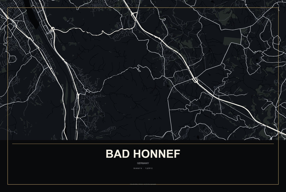 Bad Honnef, Germany City Map Aluminum Sign in Metropolitan Noir style