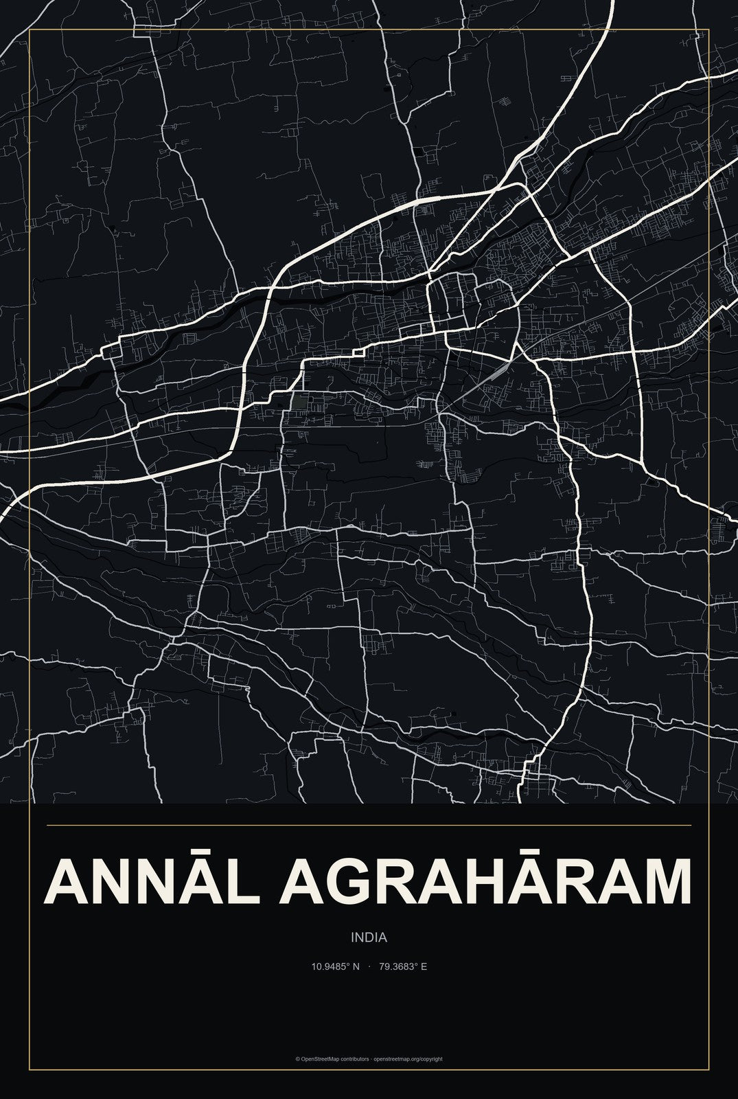Annāl Agrahāram, India City Map Aluminum Sign in Metropolitan Noir style