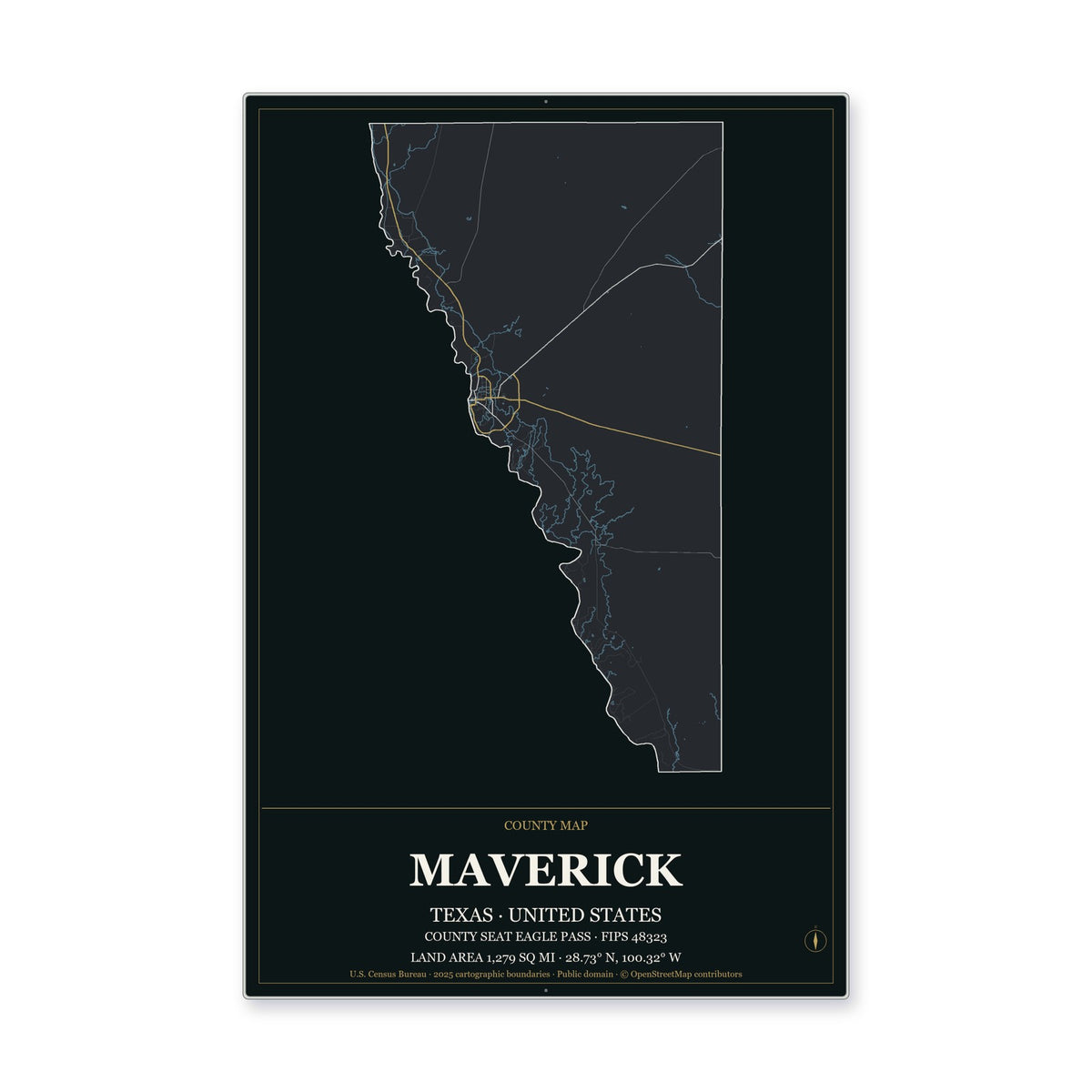 Maverick County, Texas Map Aluminum Sign in Metropolitan Noir style