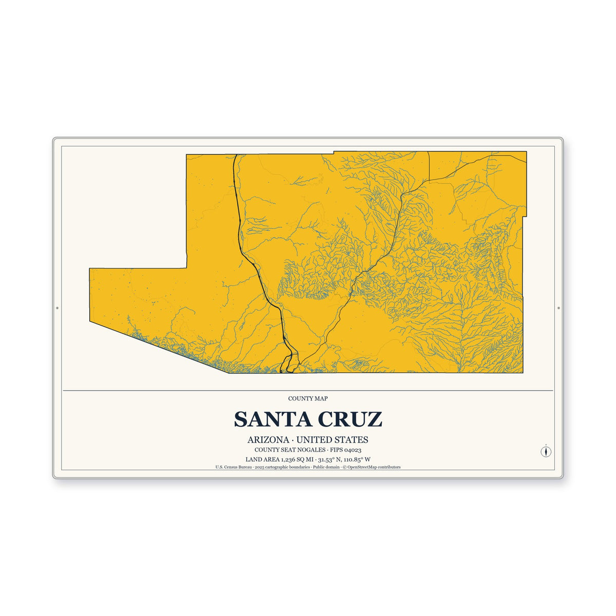 Santa Cruz County, Arizona Map Aluminum Sign in Citrine Modern style