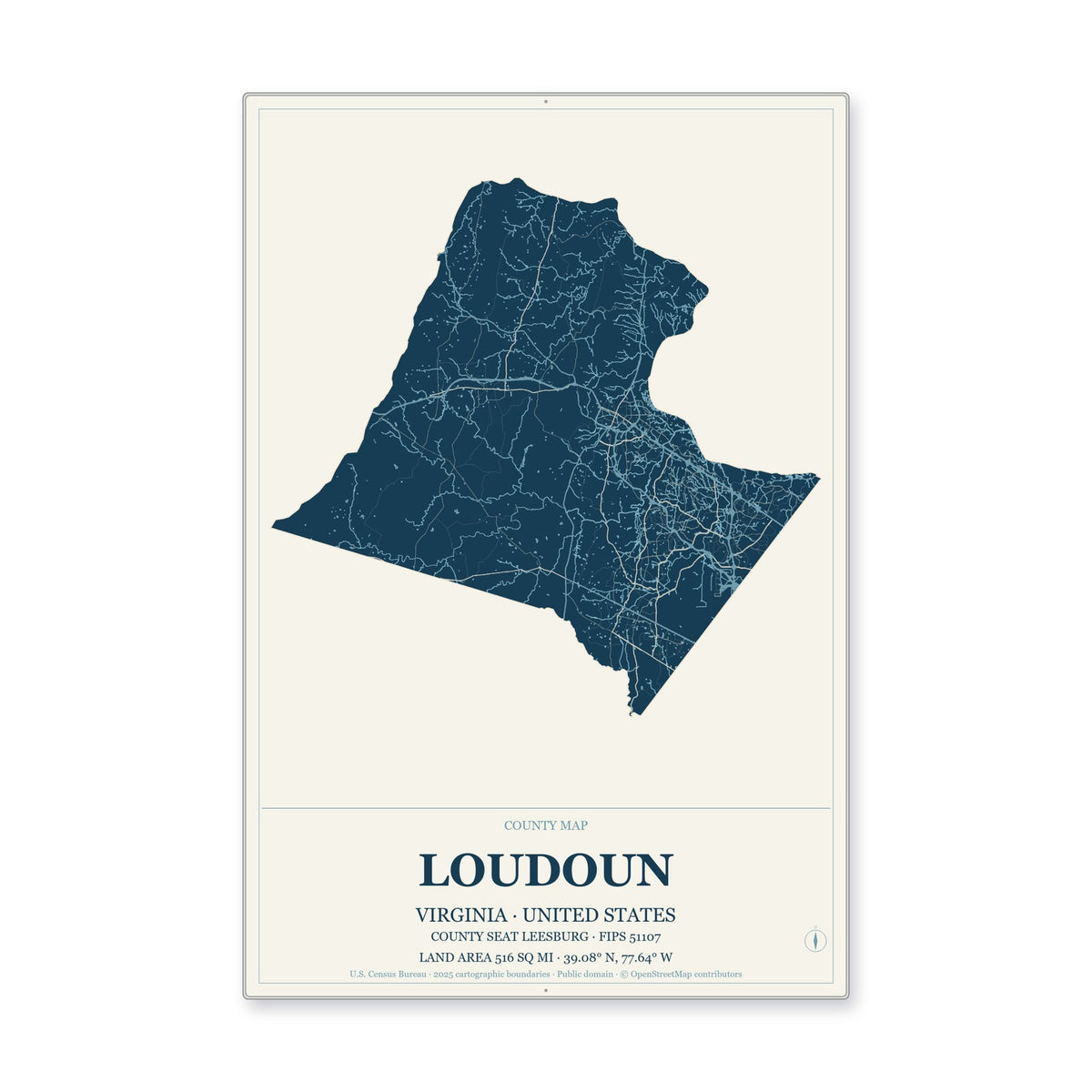 Loudoun County, Virginia Map Aluminum Sign in Coastal Cutout style