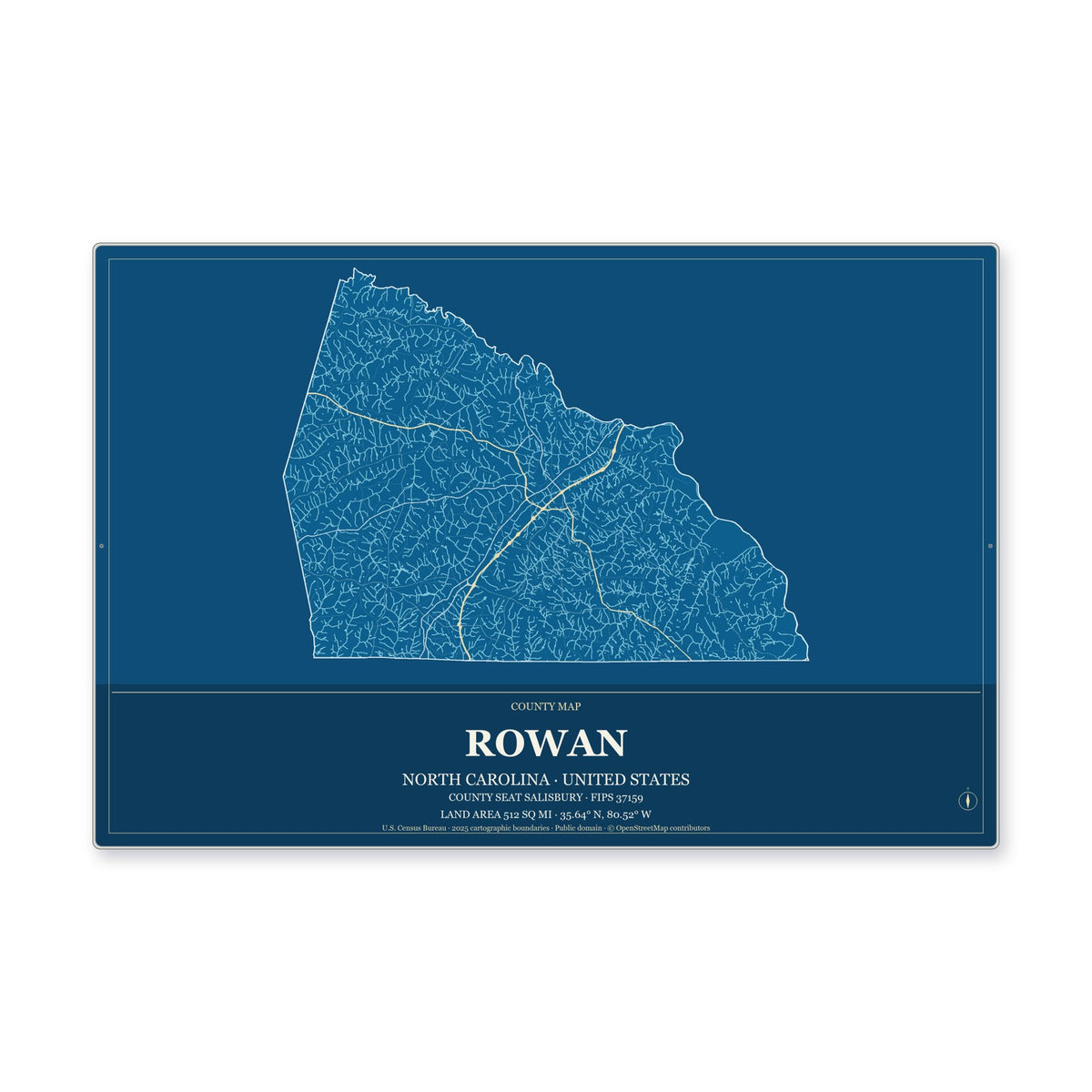 Rowan County, North Carolina Map Aluminum Sign in Harbor Cobalt style