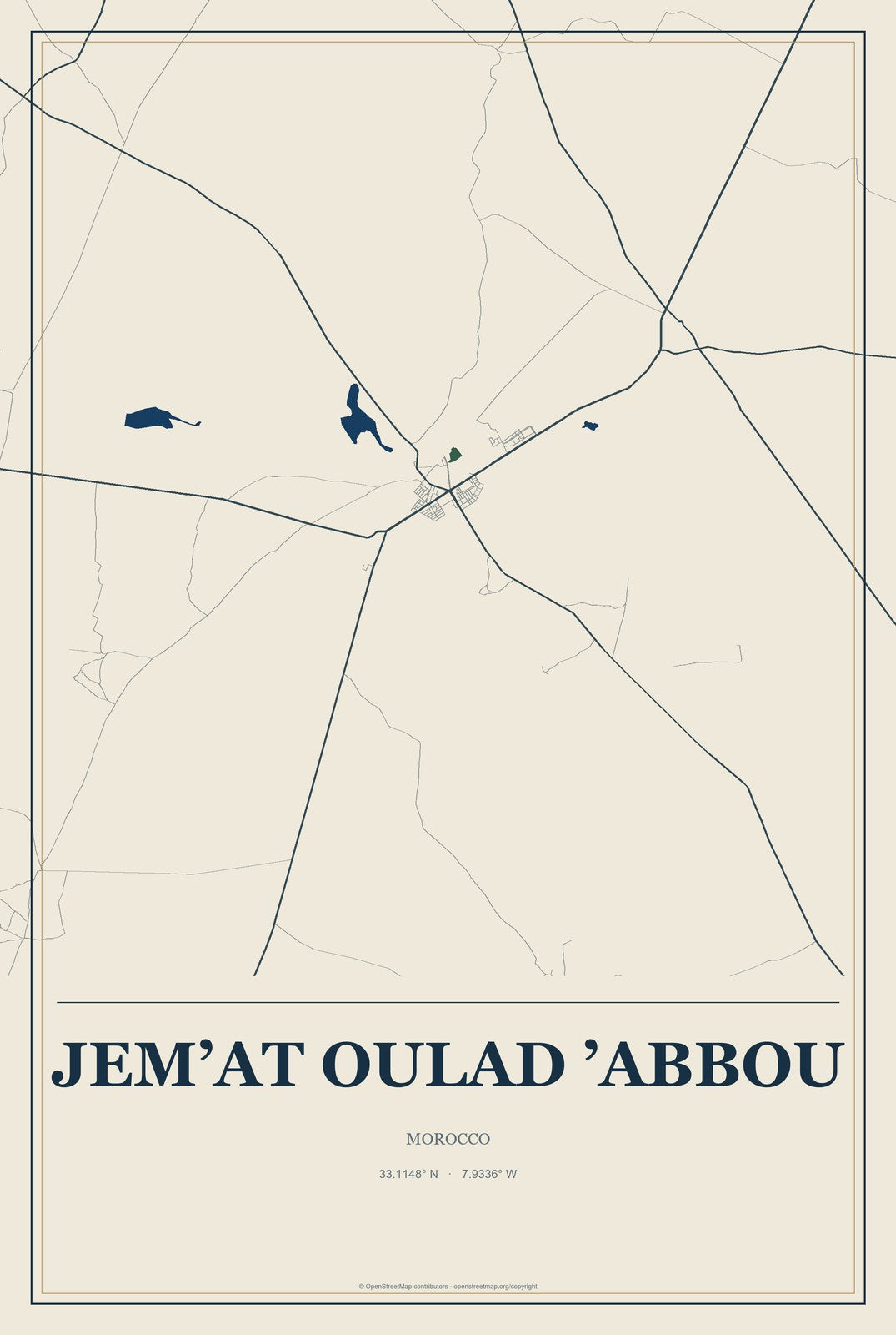 Jem’at Oulad ’Abbou, Morocco City Map Aluminum Sign in Coastal Cutout style