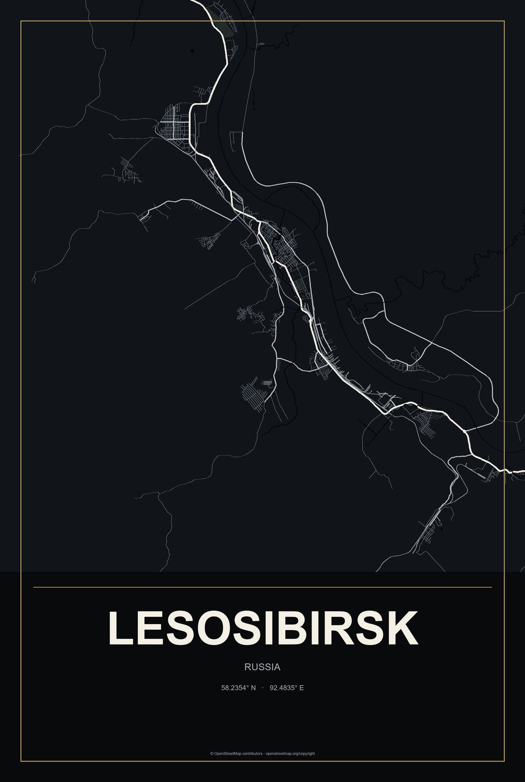 Lesosibirsk, Russia City Map Aluminum Sign in Metropolitan Noir style