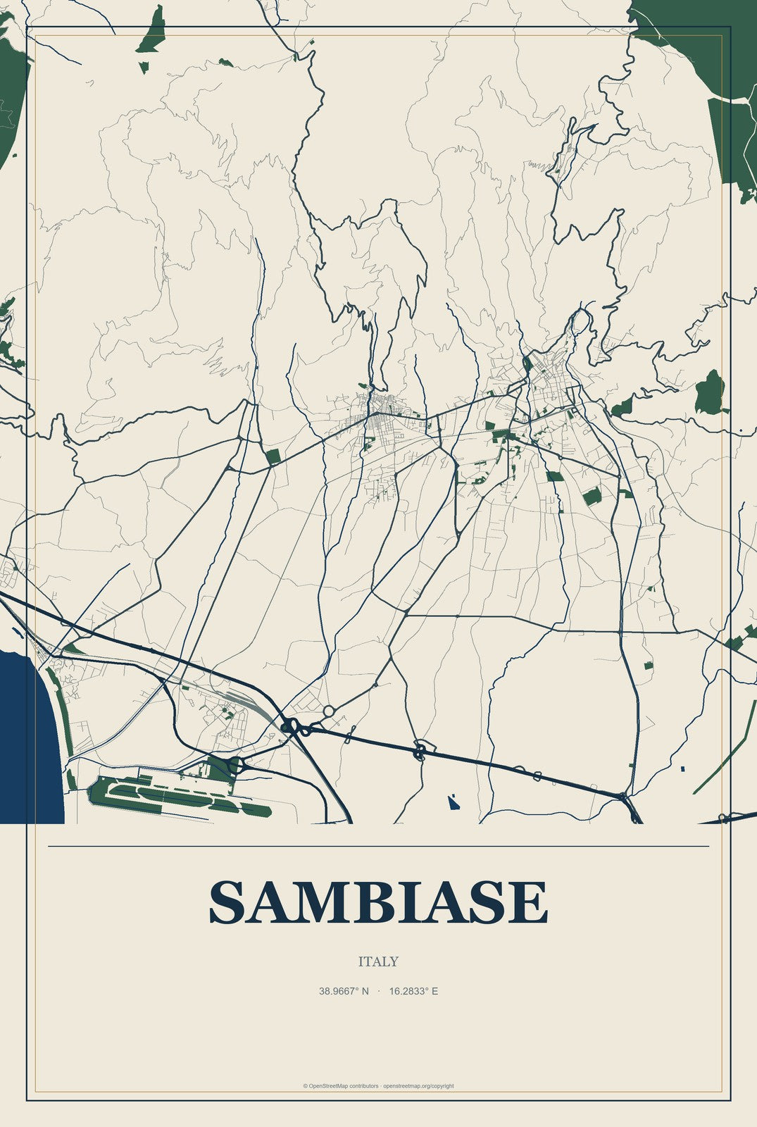 Sambiase, Italy City Map Aluminum Sign in Coastal Cutout style