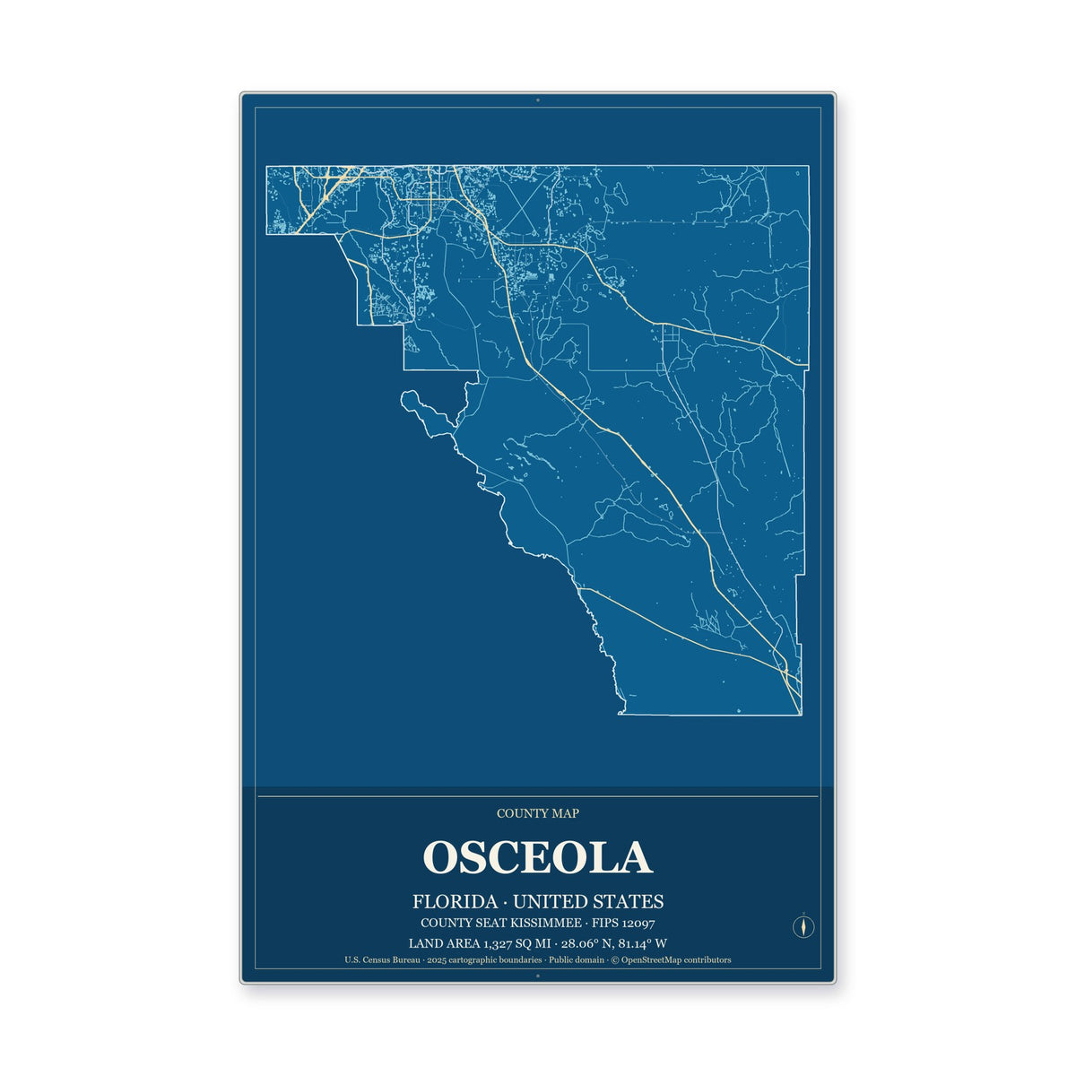 Osceola County, Florida Map Aluminum Sign in Harbor Cobalt style