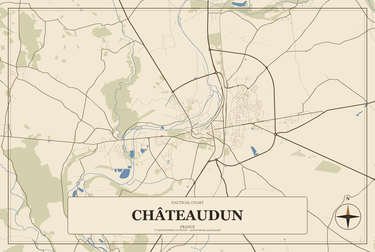 Châteaudun, France City Map Aluminum Sign in Heritage Nautical style