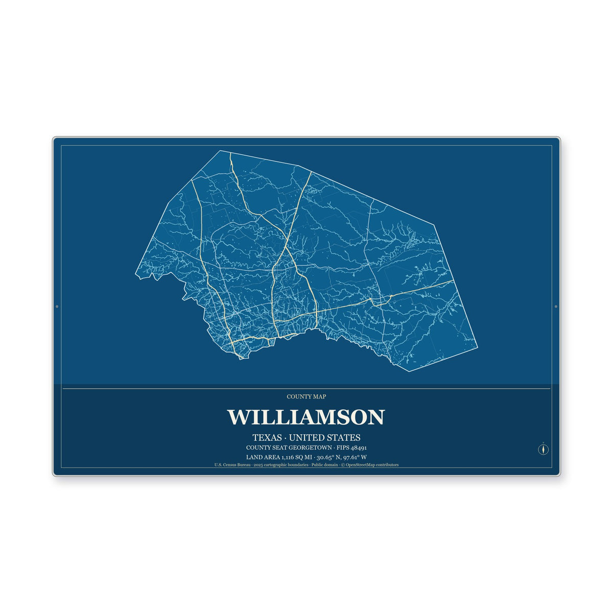 Williamson County, Texas Map Aluminum Sign in Harbor Cobalt style