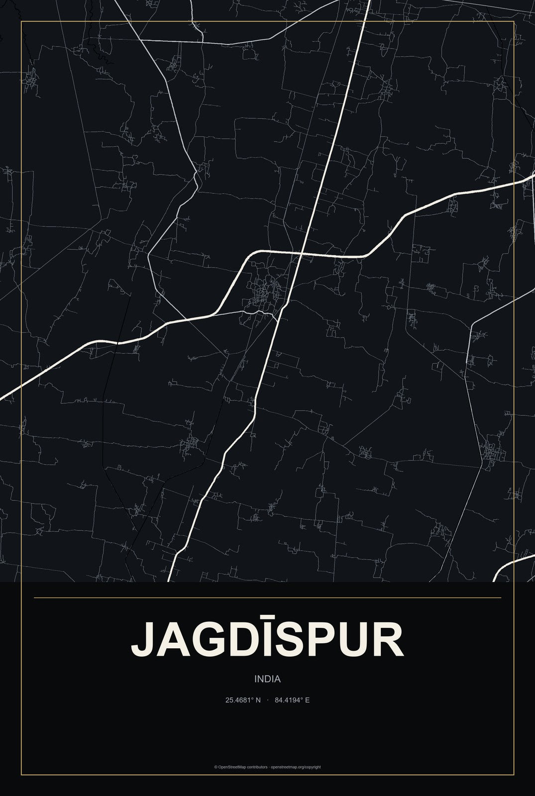 Jagdīspur, India City Map Aluminum Sign in Metropolitan Noir style