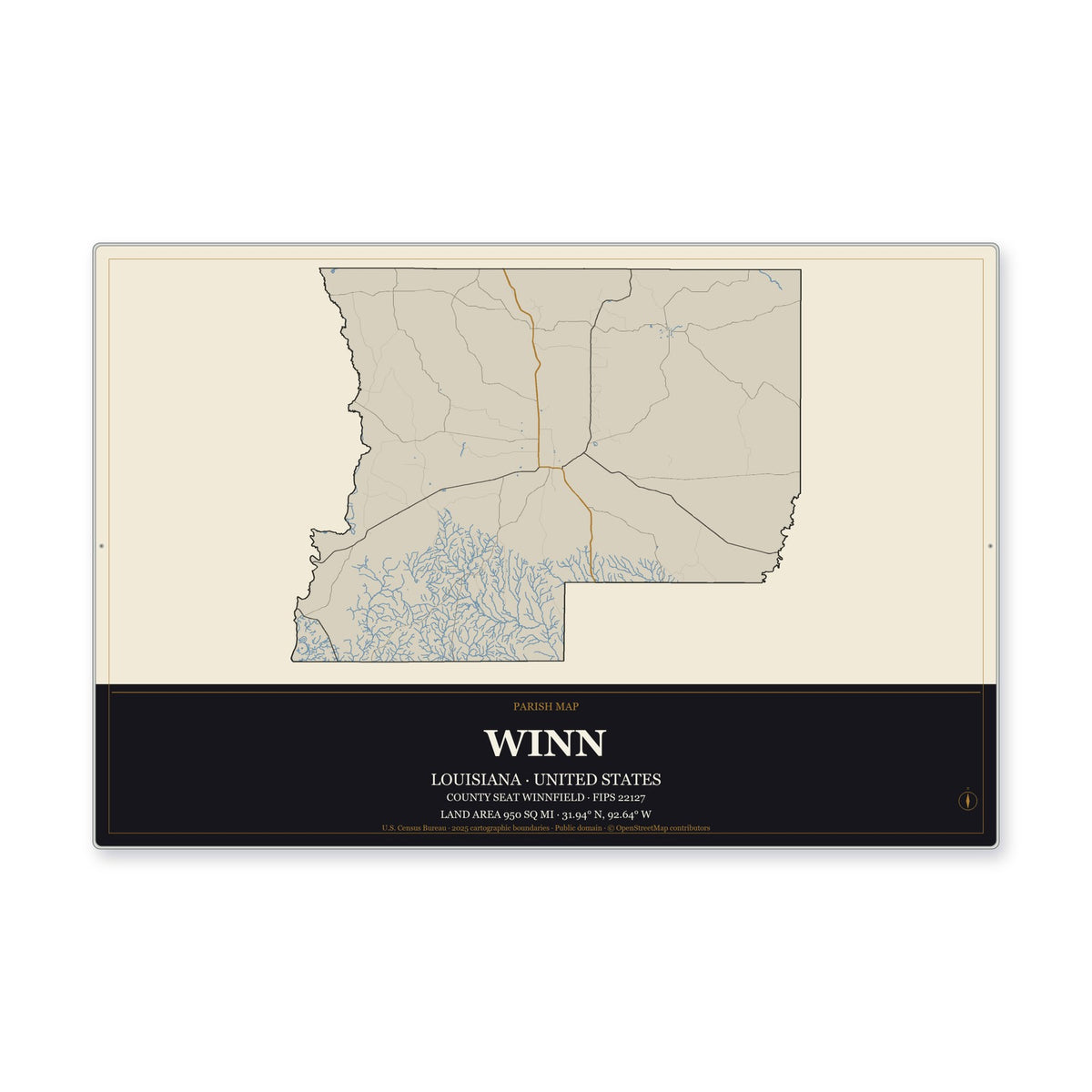 Winn Parish, Louisiana Map Aluminum Sign in Museum Plaque style