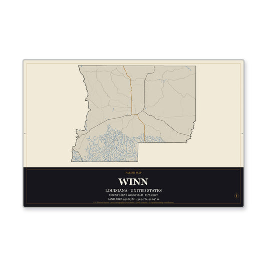 Winn Parish, Louisiana Map Aluminum Sign in Museum Plaque style
