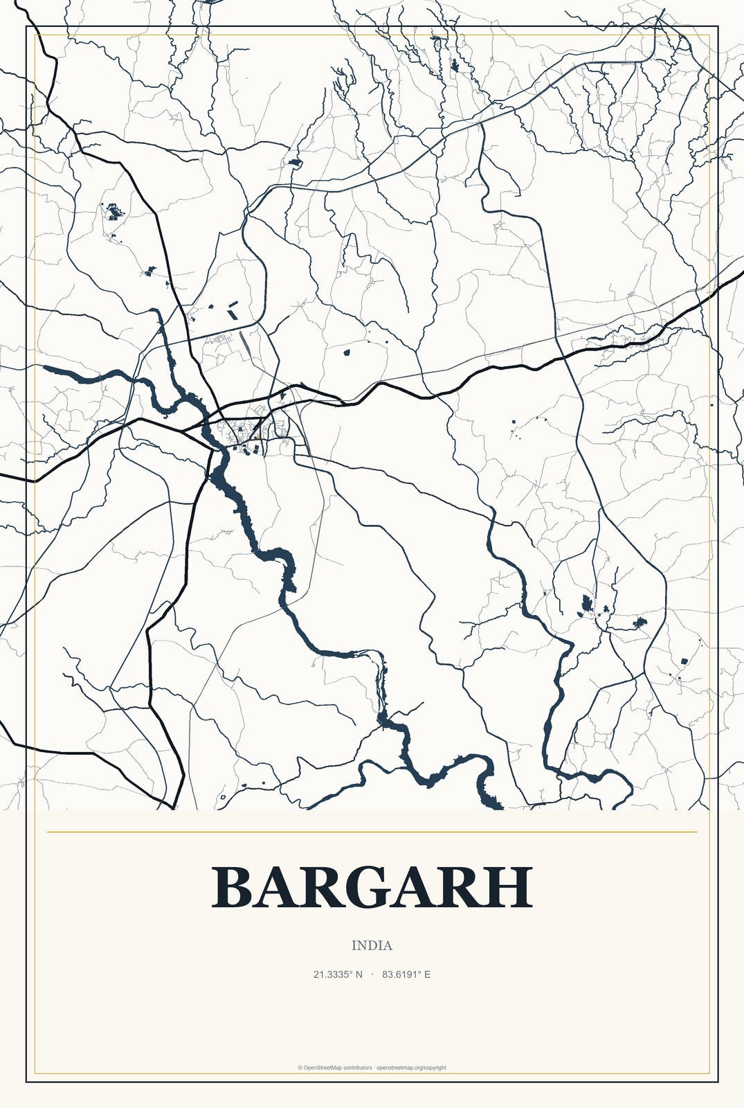 Bargarh, India City Map Aluminum Sign in Citrine Modern style