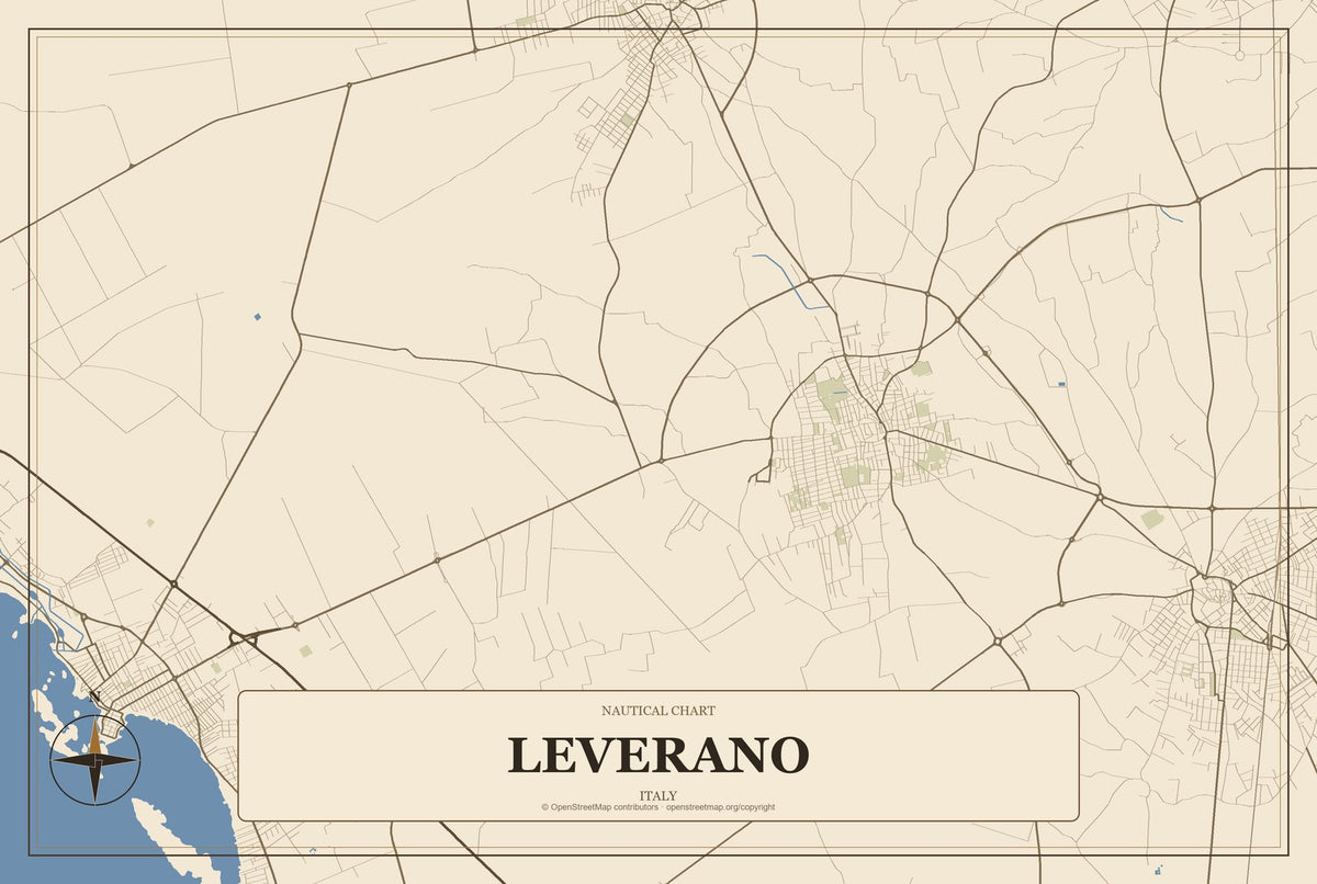 Leverano, Italy City Map Aluminum Sign in Heritage Nautical style