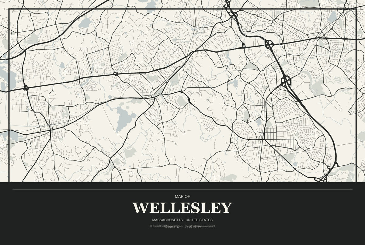 Wellesley, Massachusetts City Map Aluminum Sign in Museum Plaque style
