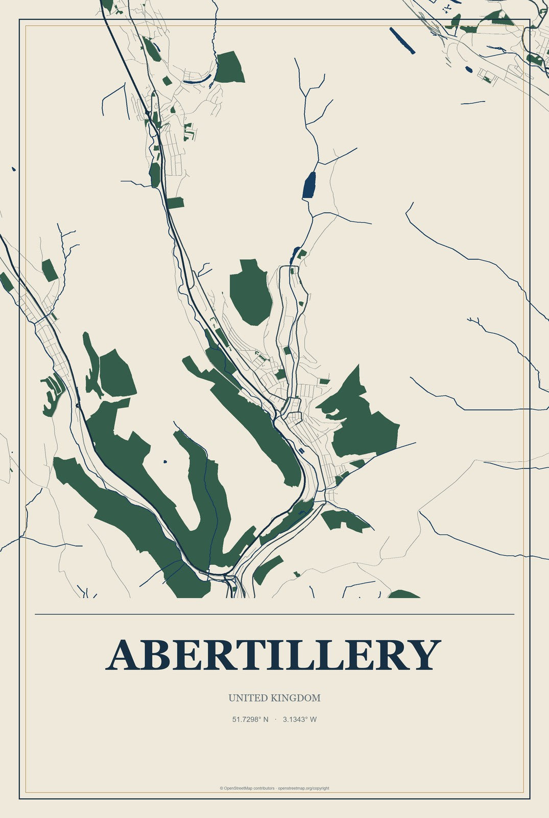 Abertillery, United Kingdom City Map Aluminum Sign in Coastal Cutout style