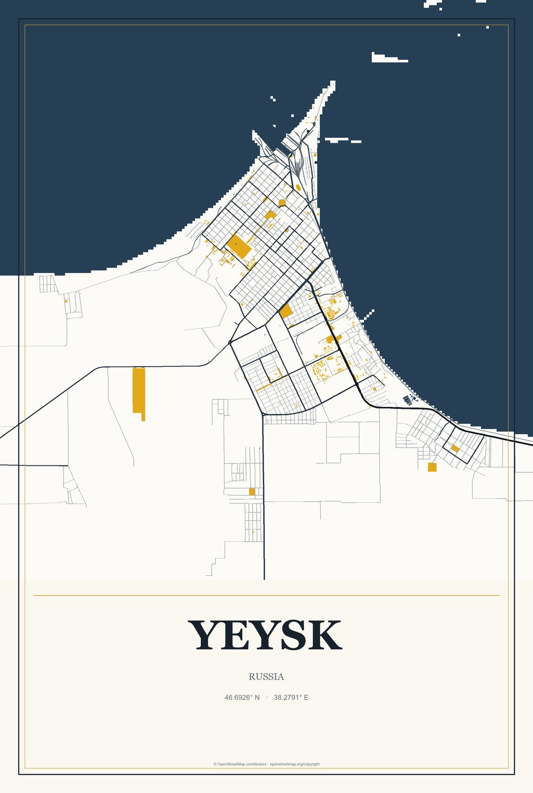 Yeysk, Russia City Map Aluminum Sign in Citrine Modern style