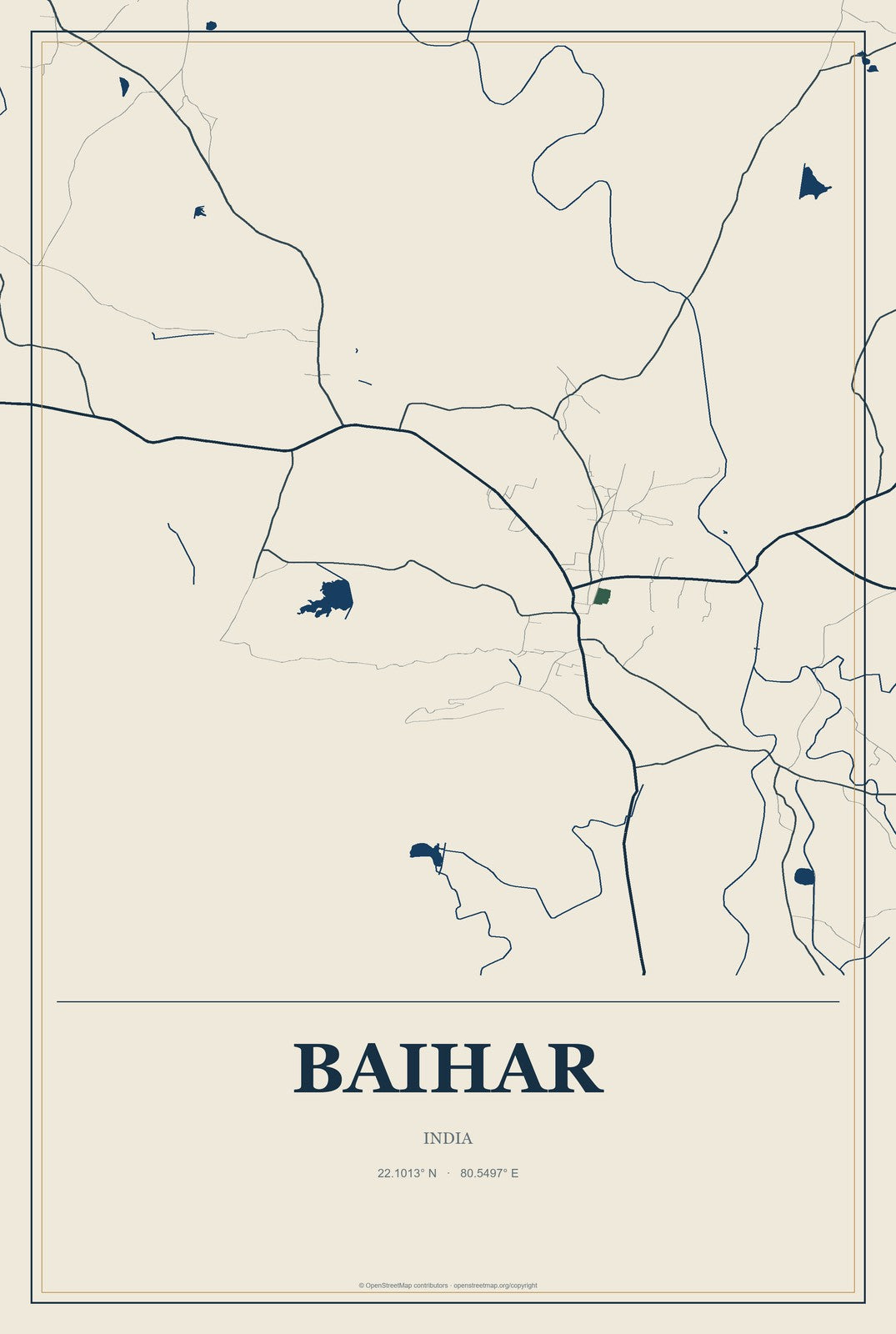 Baihar, India City Map Aluminum Sign in Coastal Cutout style