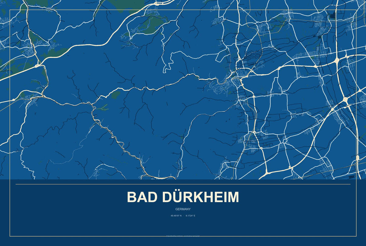 Bad Dürkheim, Germany City Map Aluminum Sign in Harbor Cobalt style