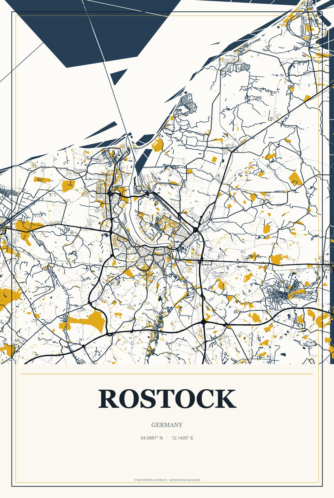 Rostock, Germany City Map Aluminum Sign in Citrine Modern style