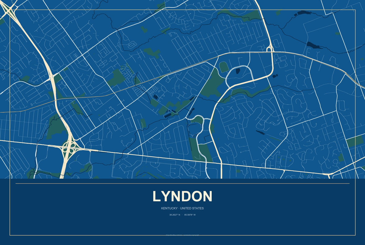 Lyndon, Kentucky City Map Aluminum Sign in Harbor Cobalt style