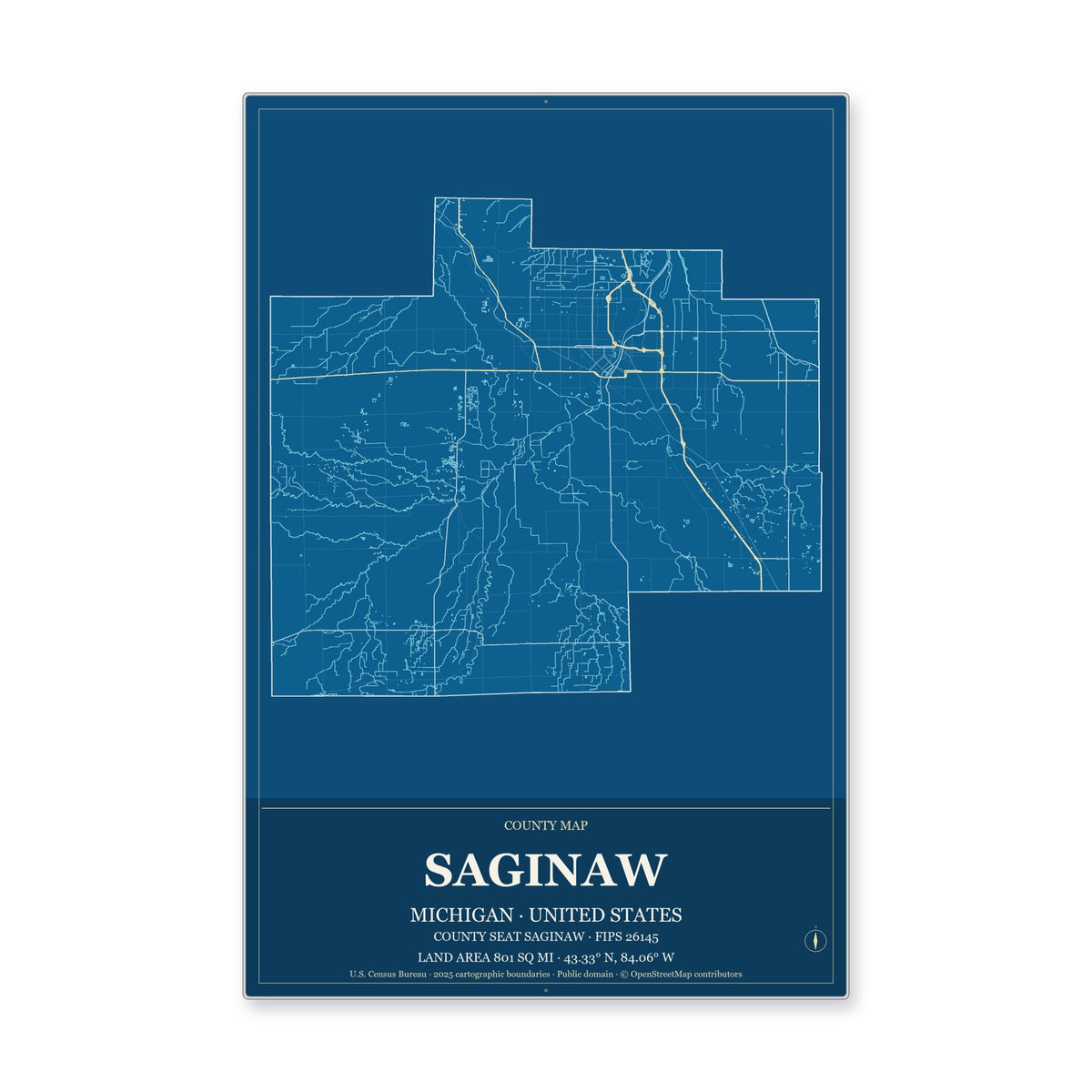 Saginaw County, Michigan Map Aluminum Sign in Harbor Cobalt style
