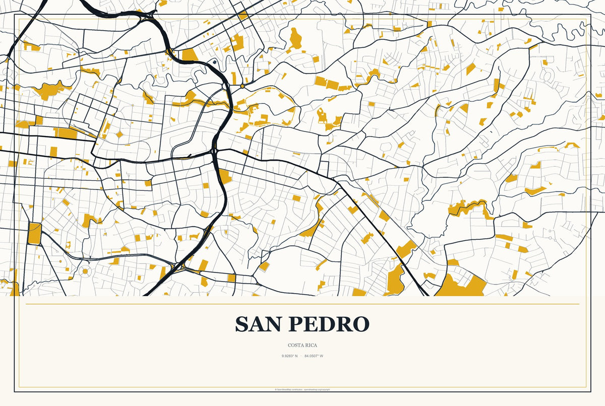 San Pedro, Costa Rica City Map Aluminum Sign in Citrine Modern style