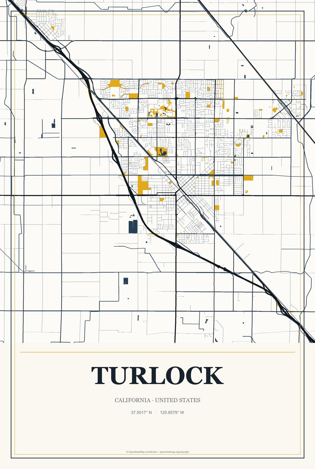 Turlock, California City Map Aluminum Sign in Citrine Modern style