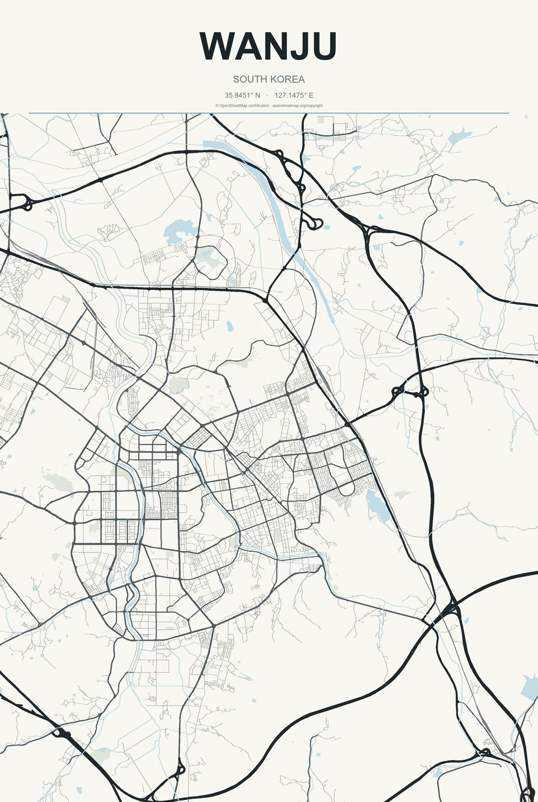 Wanju, South Korea City Map Aluminum Sign in Headline Atlas style
