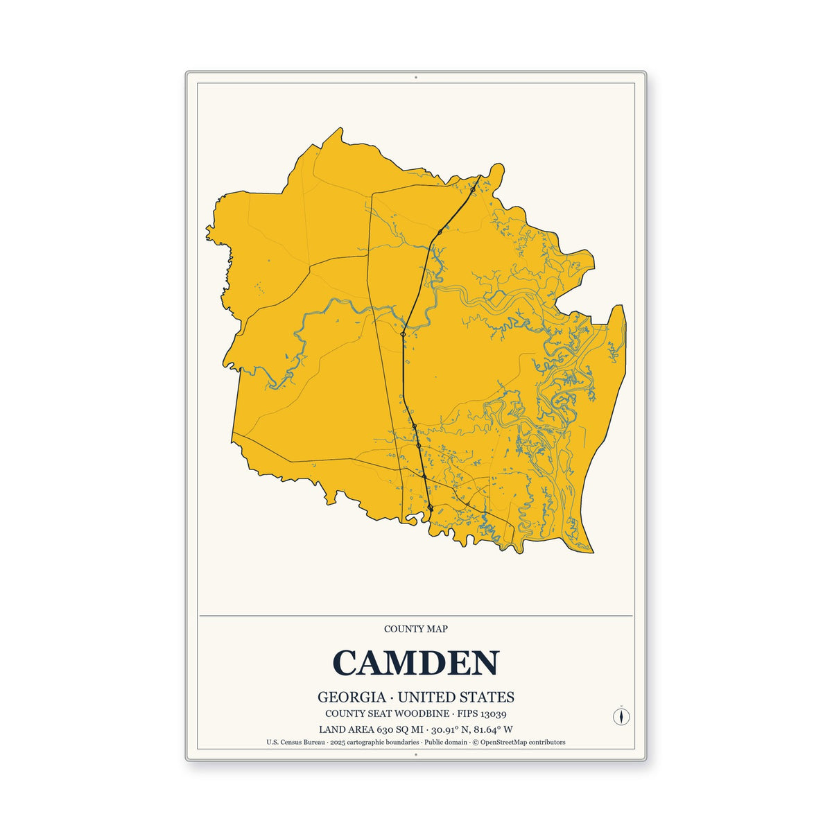 Camden County, Georgia Map Aluminum Sign in Citrine Modern style