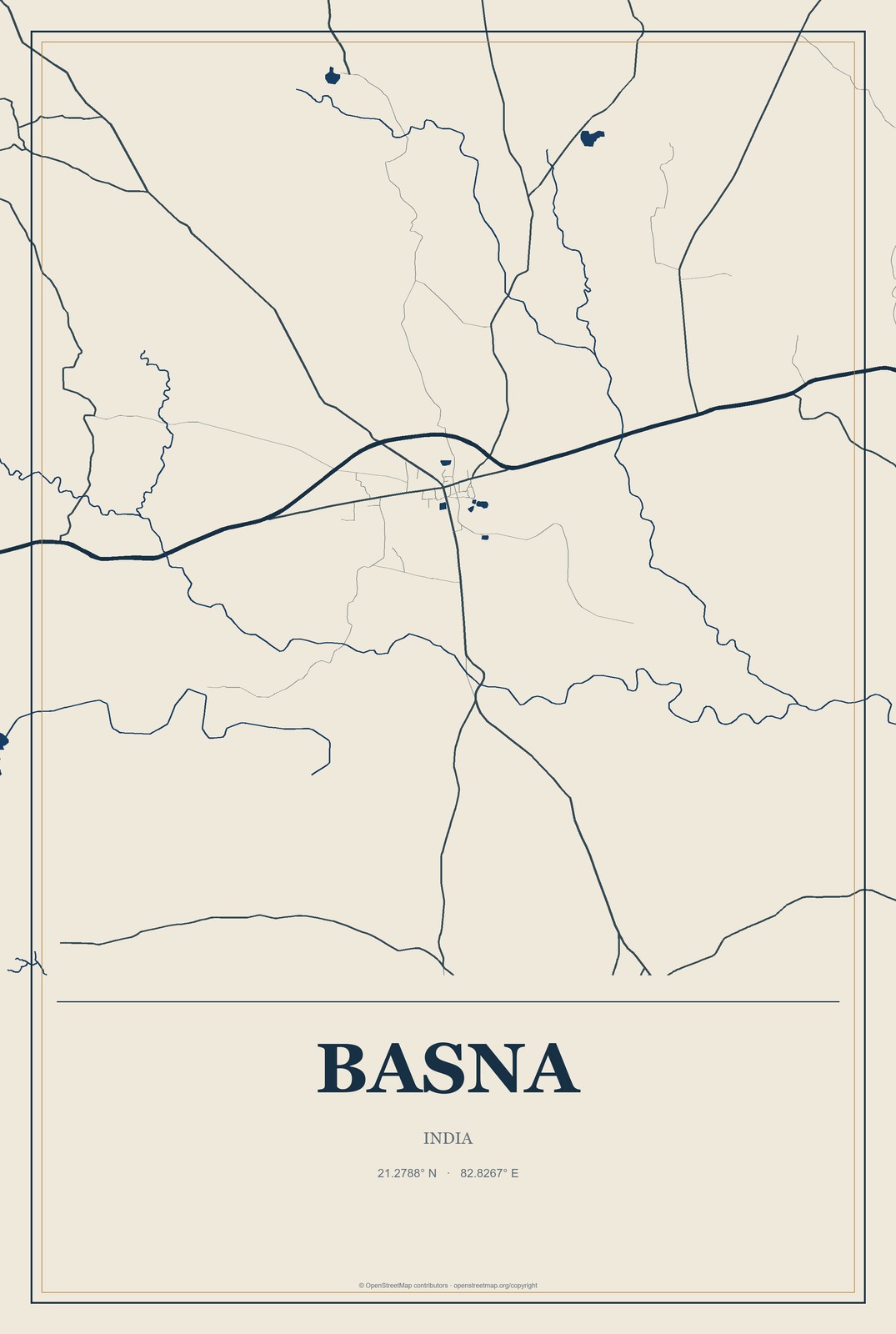 Basna, India City Map Aluminum Sign in Coastal Cutout style