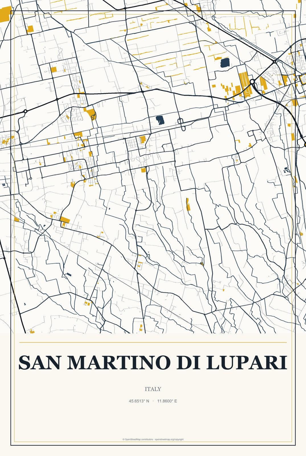San Martino di Lupari, Italy City Map Aluminum Sign in Citrine Modern style