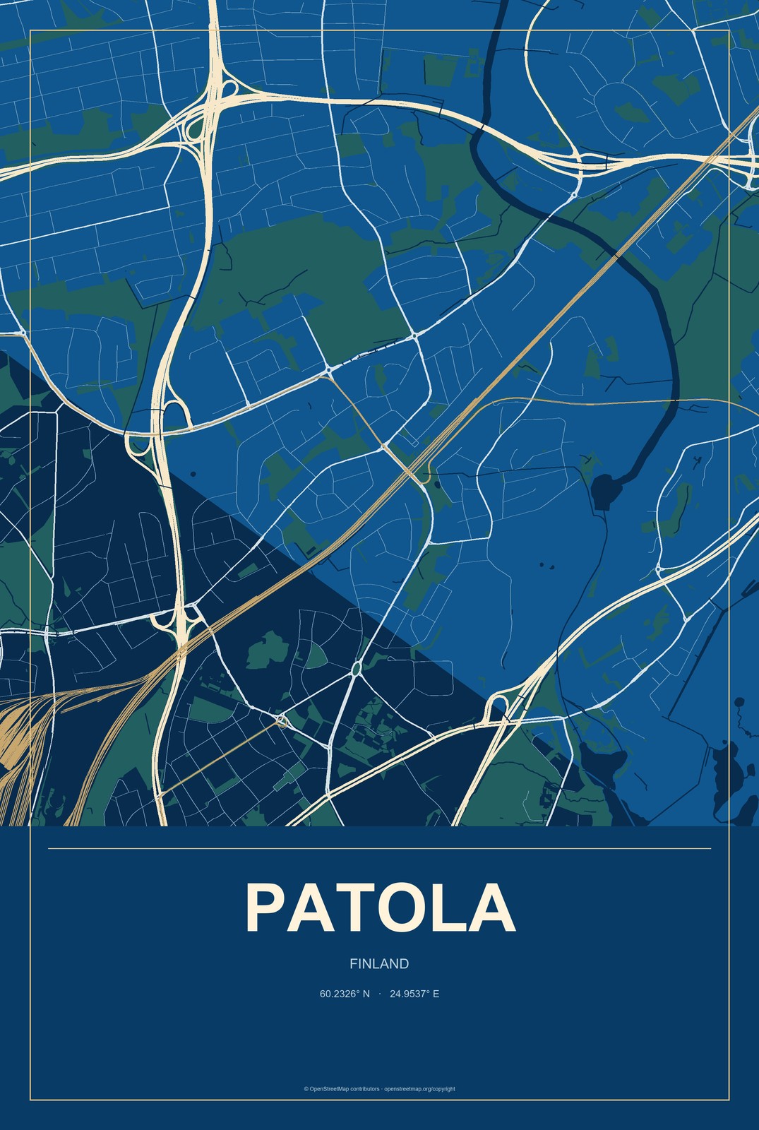 Patola, Finland City Map Aluminum Sign in Harbor Cobalt style