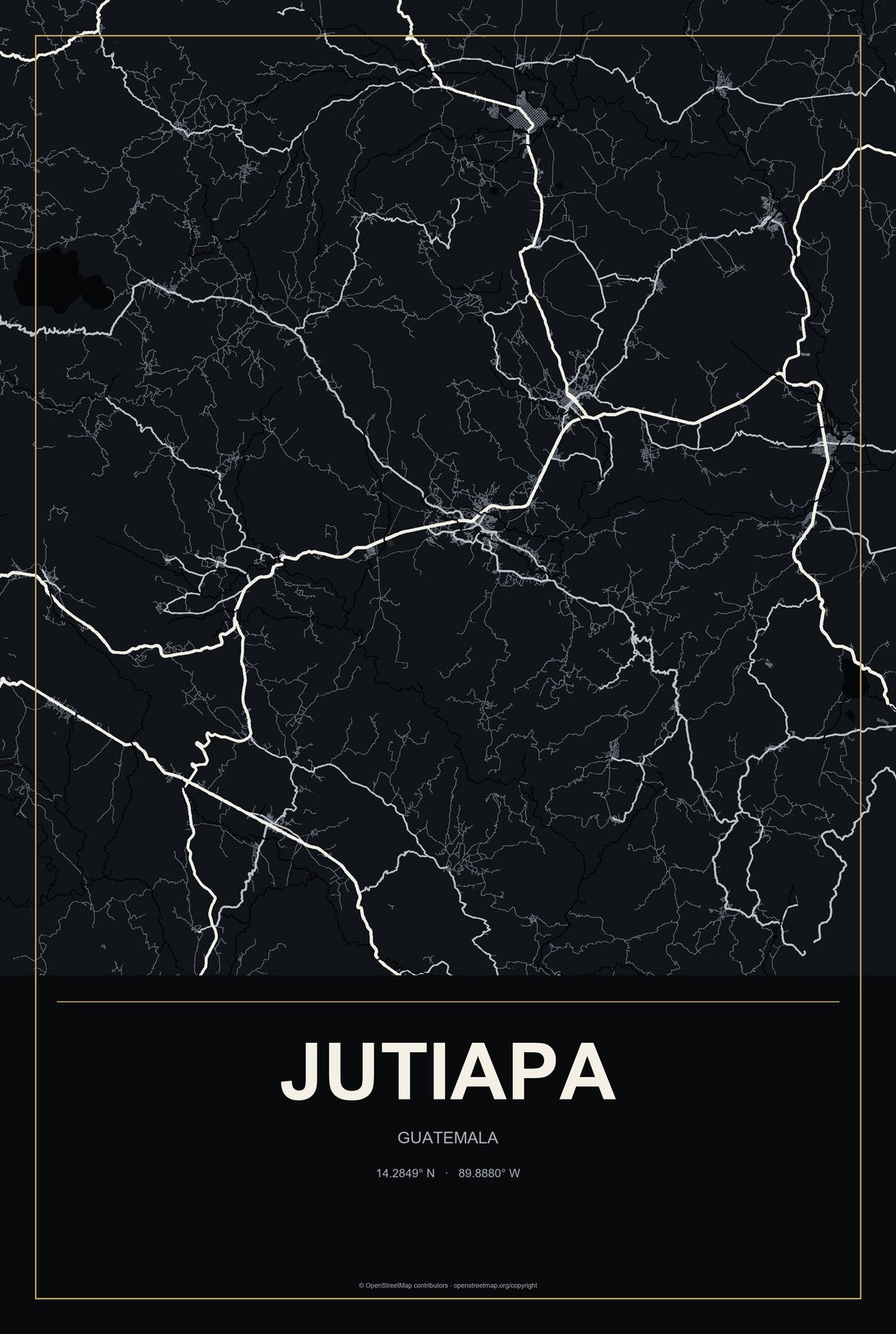 Jutiapa, Guatemala City Map Aluminum Sign in Metropolitan Noir style