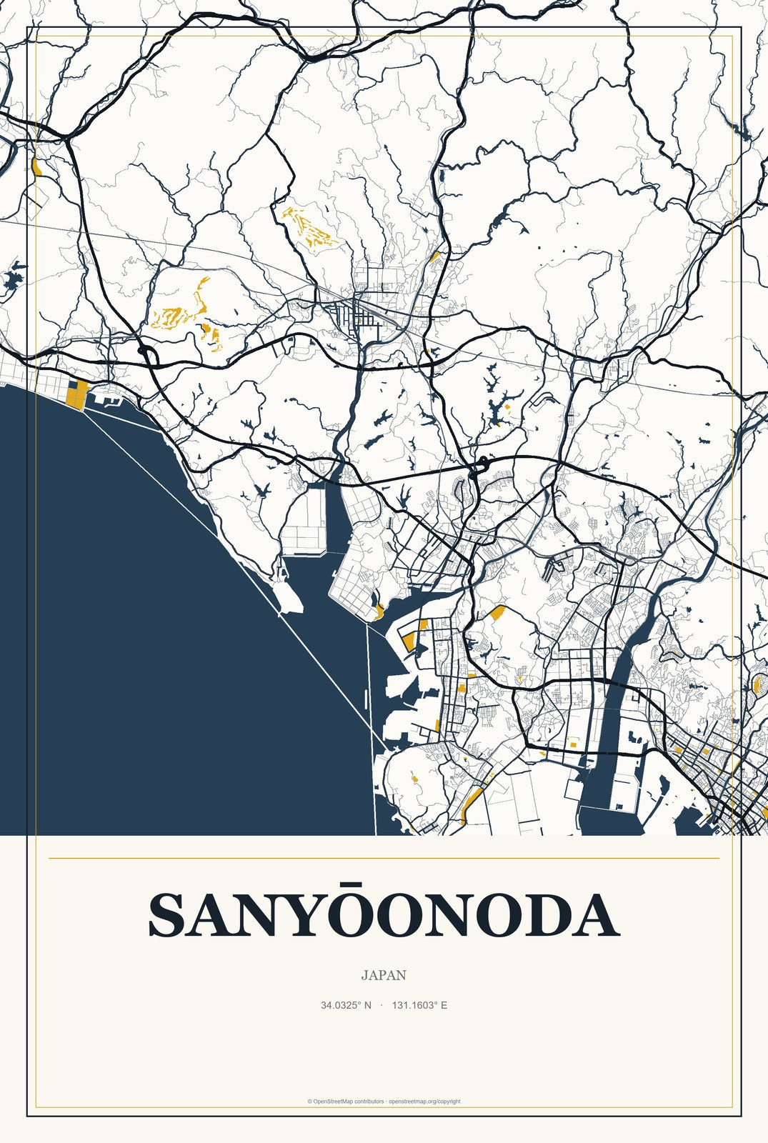 Sanyōonoda, Japan City Map Aluminum Sign in Citrine Modern style