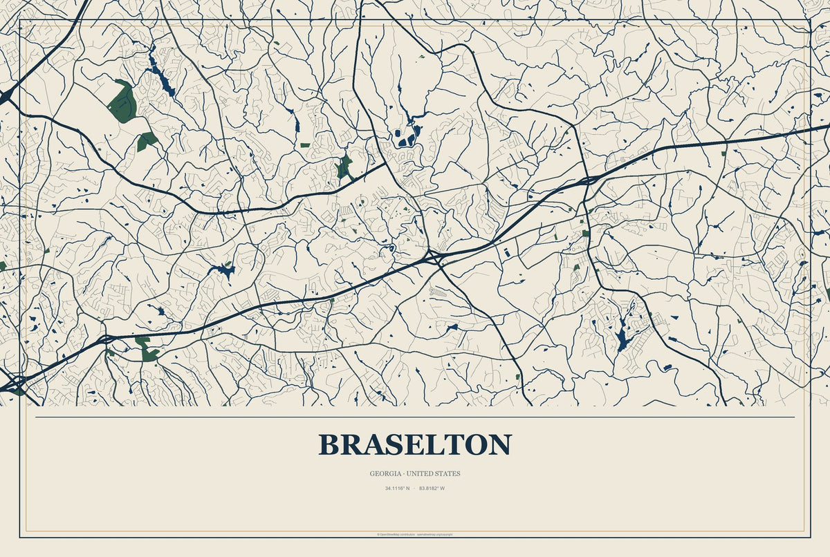Braselton, Georgia City Map Aluminum Sign in Coastal Cutout style