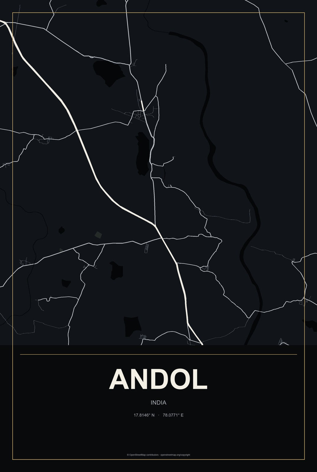 Andol, India City Map Aluminum Sign in Metropolitan Noir style
