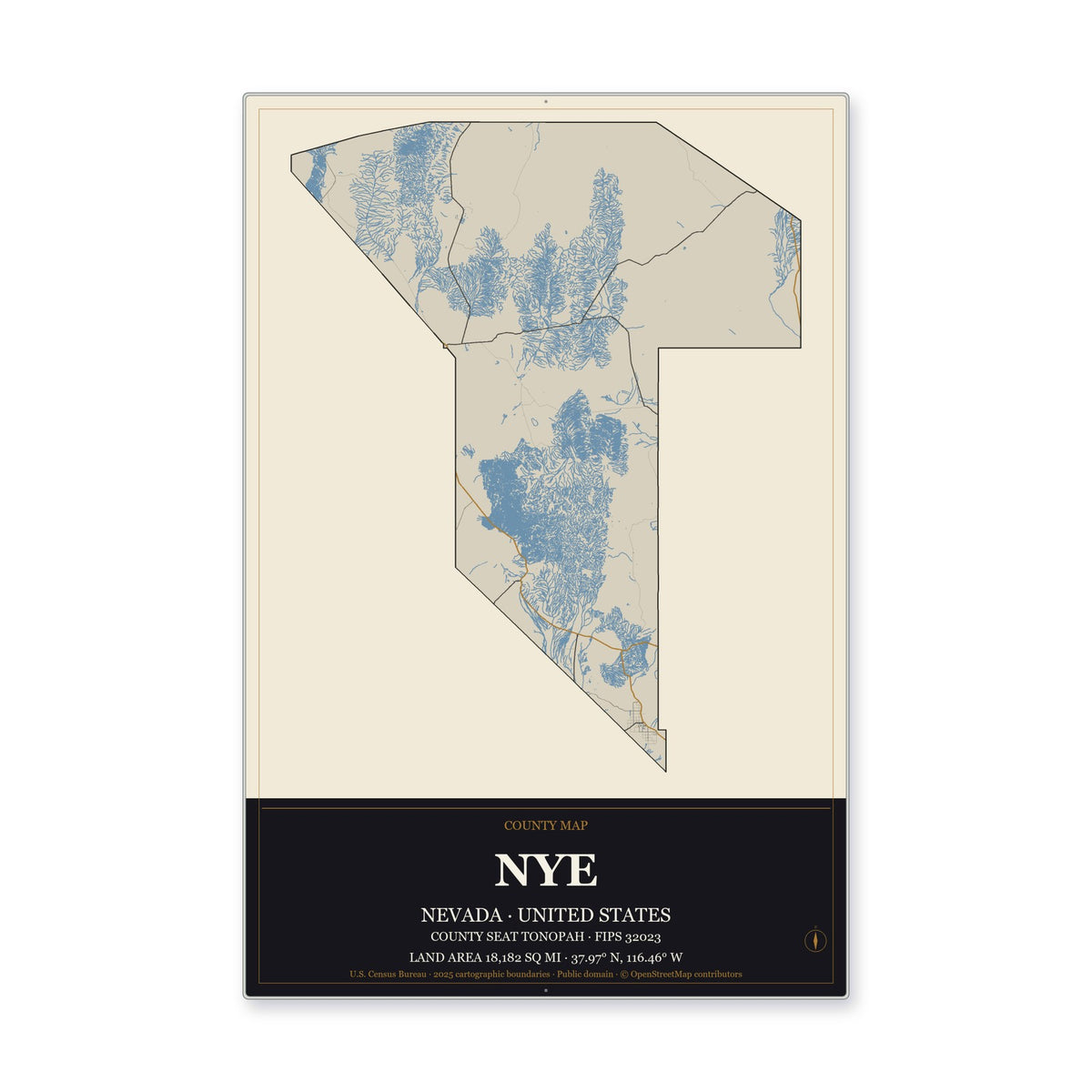 Nye County, Nevada Map Aluminum Sign in Museum Plaque style