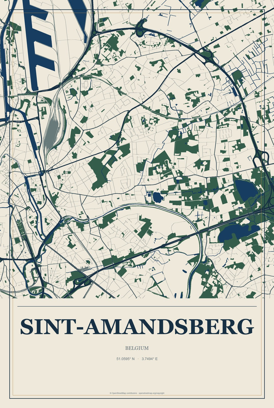Sint-Amandsberg, Belgium City Map Aluminum Sign in Coastal Cutout style