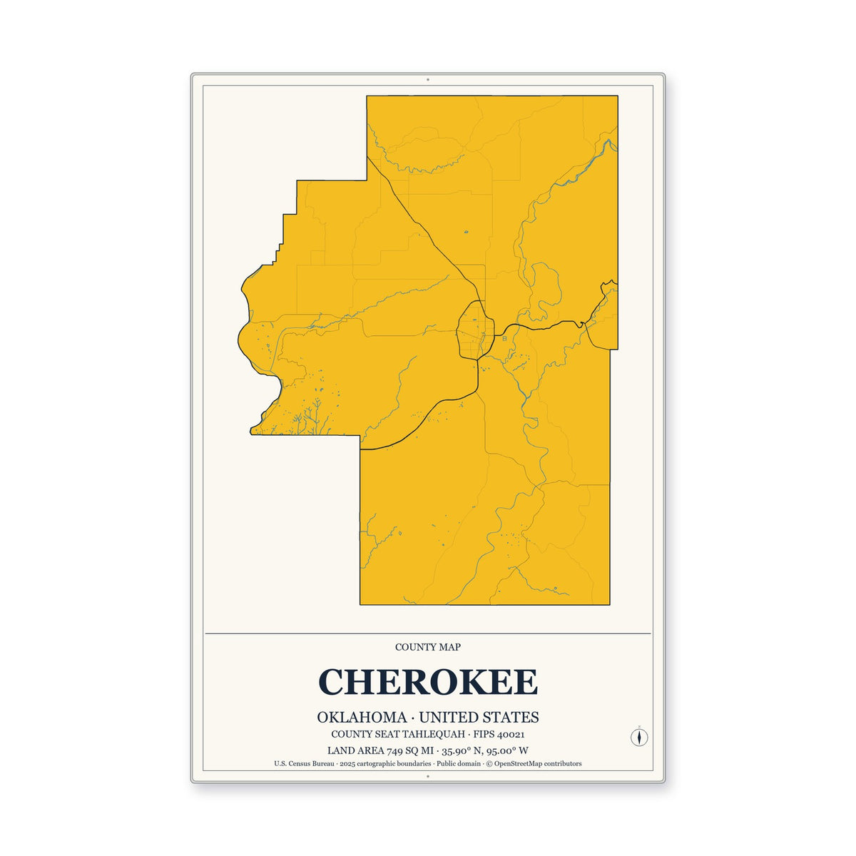 Cherokee County, Oklahoma Map Aluminum Sign in Citrine Modern style
