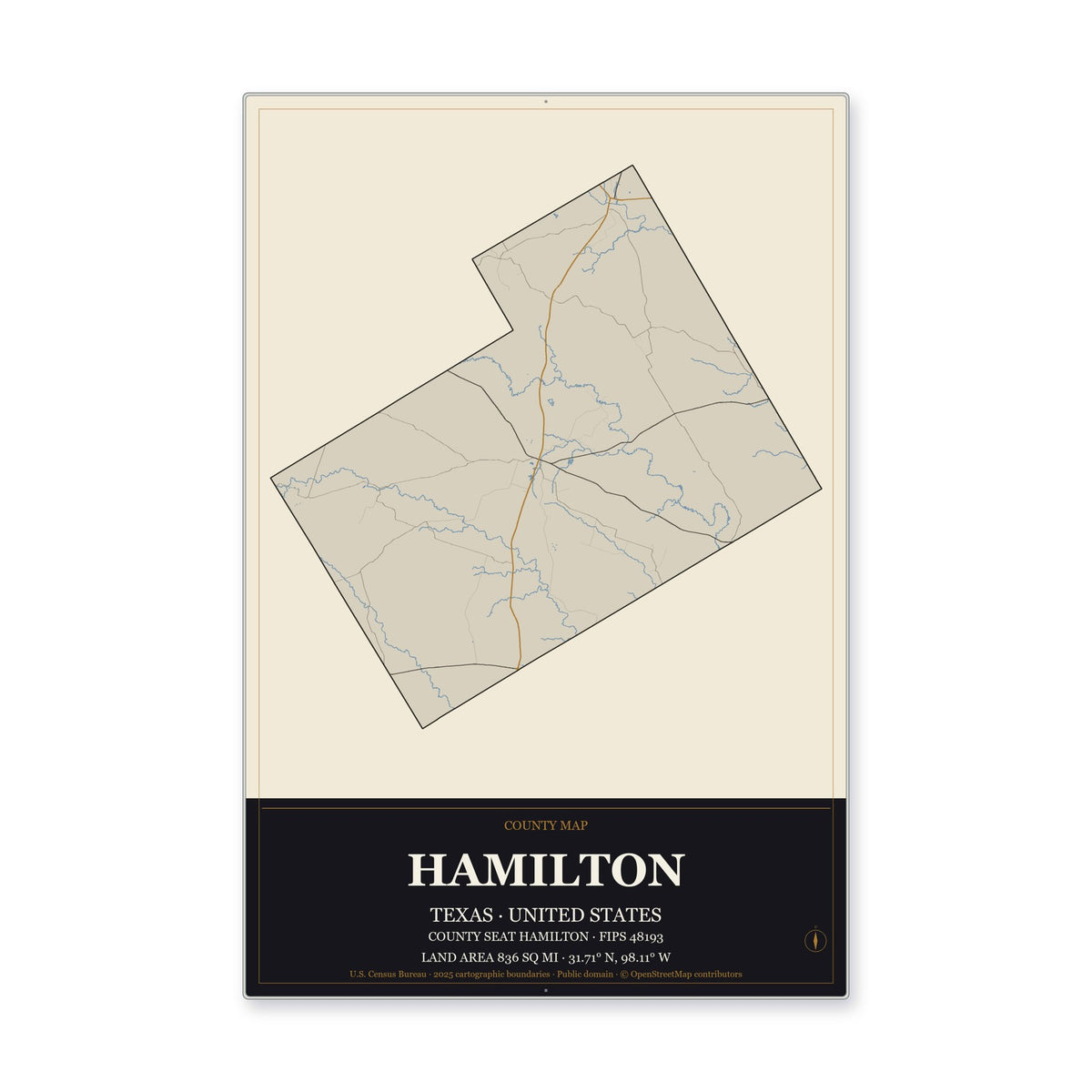 Hamilton County, Texas Map Aluminum Sign in Museum Plaque style