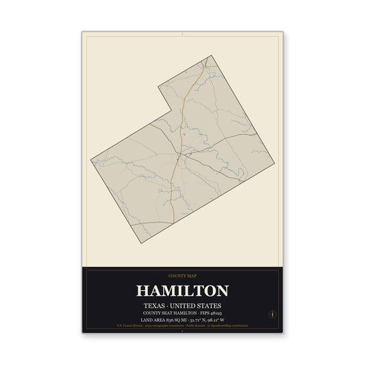 Hamilton County, Texas Map Aluminum Sign in Museum Plaque style