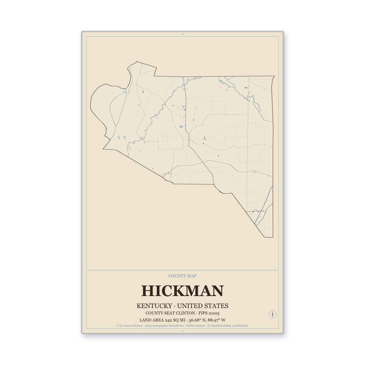 Hickman County, Kentucky Map Aluminum Sign in Heritage Nautical style