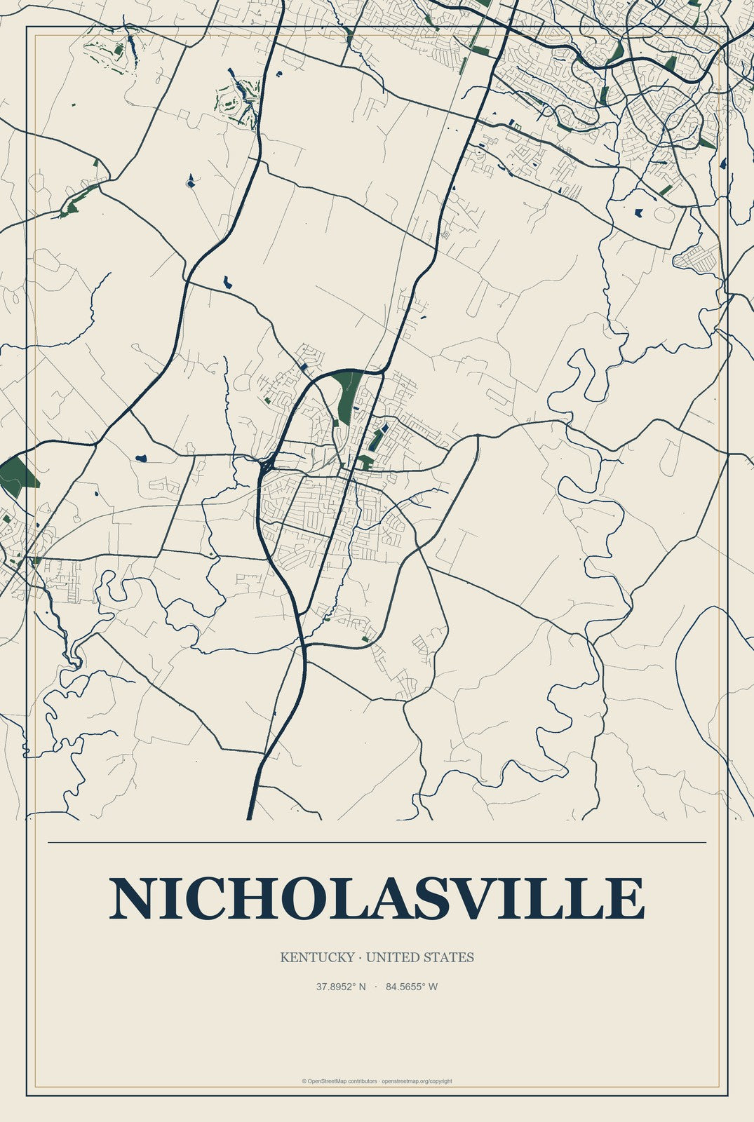 Nicholasville, Kentucky City Map Aluminum Sign in Coastal Cutout style