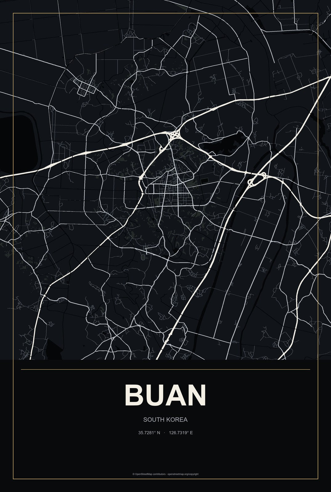 Buan, South Korea City Map Aluminum Sign in Metropolitan Noir style