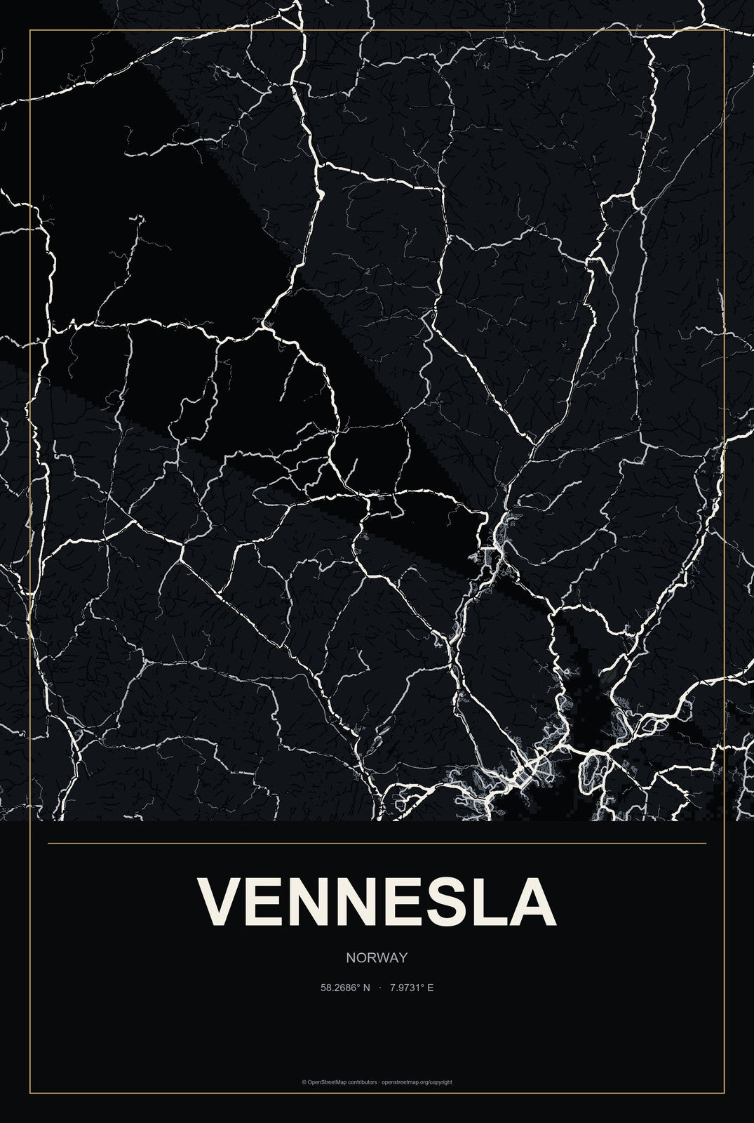 Vennesla, Norway City Map Aluminum Sign in Metropolitan Noir style